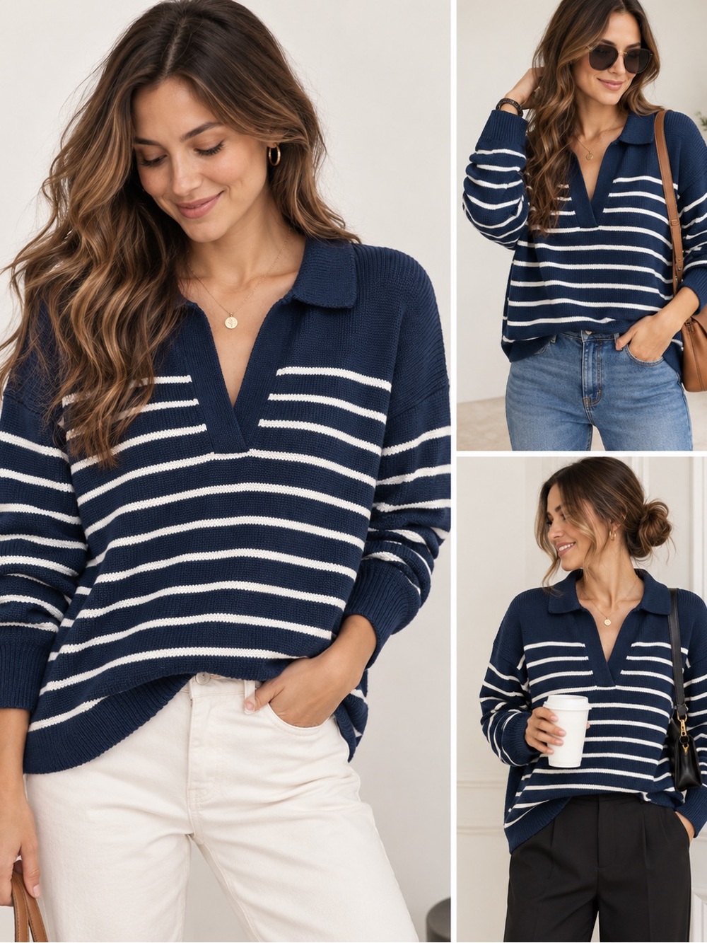 Aritzia Wilfred Clara Merino Wool Striped Polo Sweater Navy Ivory L NWOT